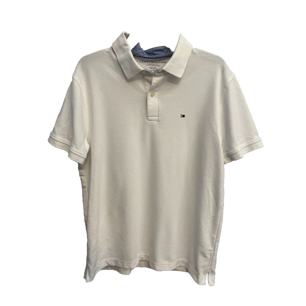 Tommy Hilfiger Polo White 1/4 Button Collared Short Sleeve Sz L